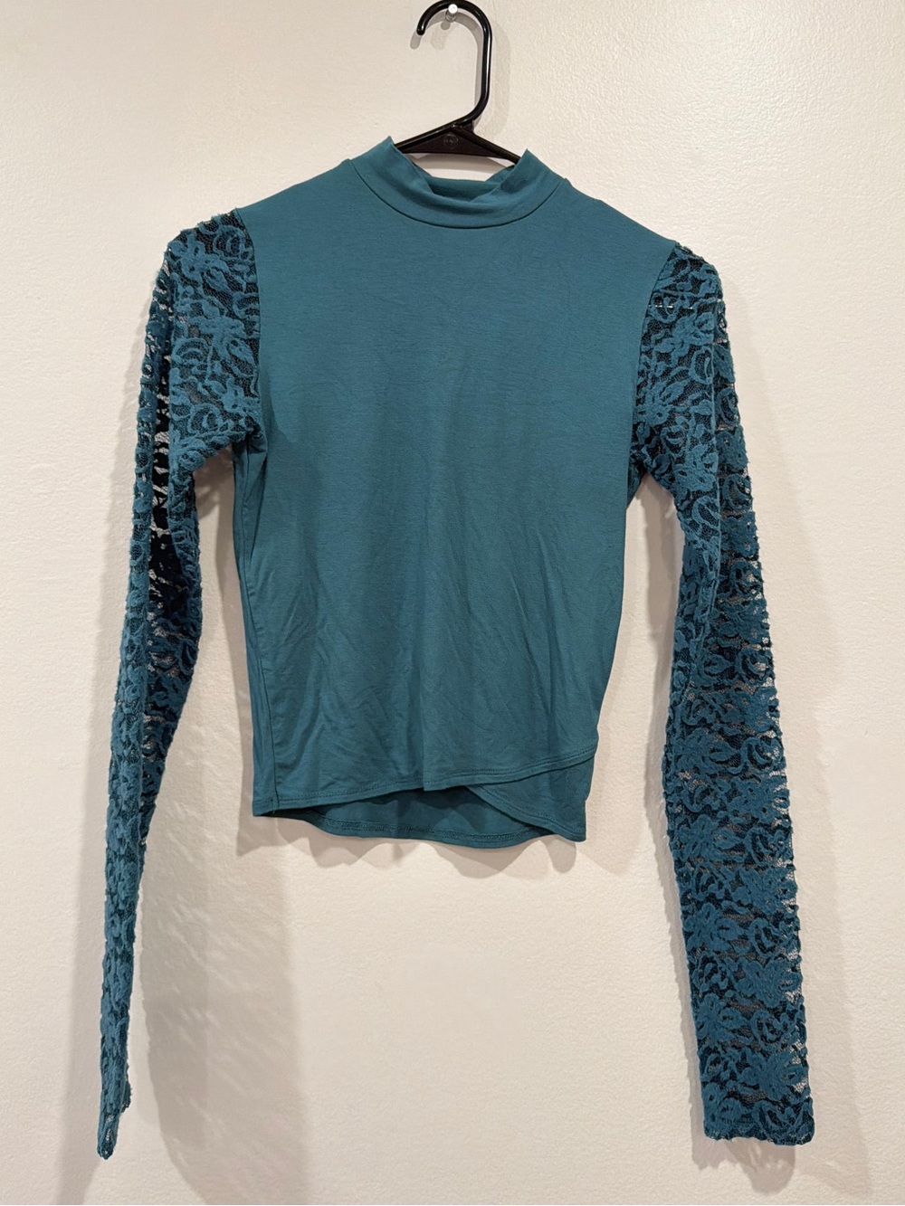 Women's Teal Lace Sleeve Mock Neck Top